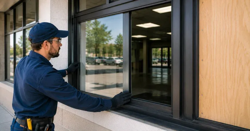 technician boarding a broken window after a break-in in Langstaff, Richmond Hill