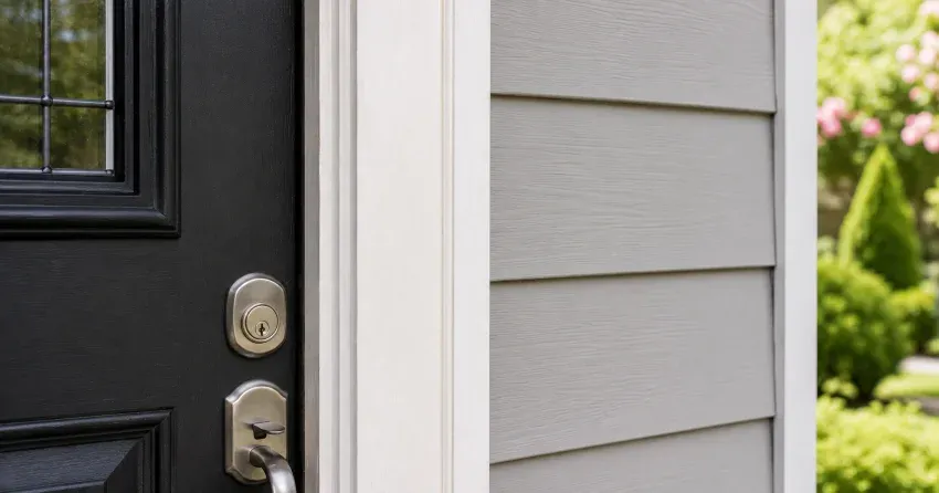 technician inspecting door jamb behind cracked casing in Windham, Richmond Hill home