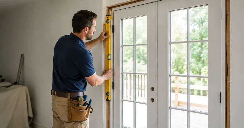 newly installed French doors with divided glass panes in Yongehurst, Richmond Hill