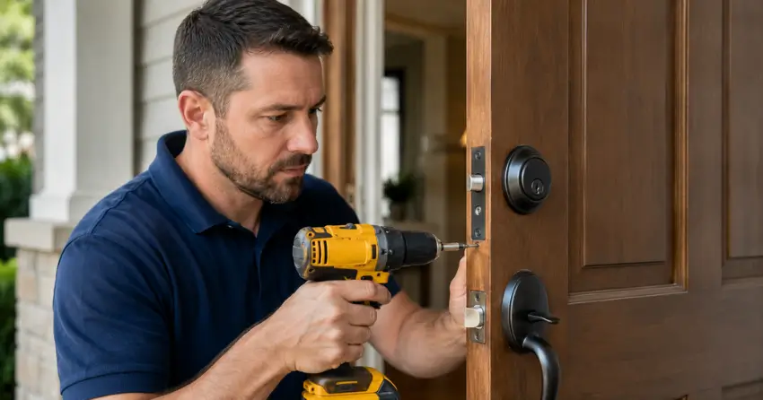 technician installing a new deadbolt during Change Door Lock Westbrook, Richmond Hill service