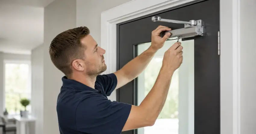 technician adjusting door closer hydraulic valve in Richvale, Richmond Hill home