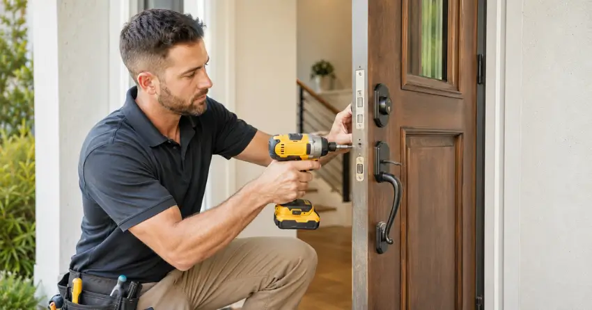 locksmith installing new deadbolt lock on front door in Westbrook, Richmond Hill