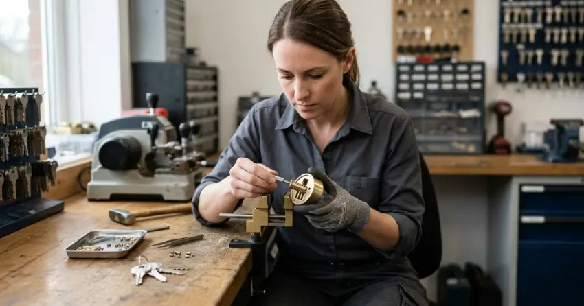 locksmith technician rekeying a deadbolt in Richmond Hill