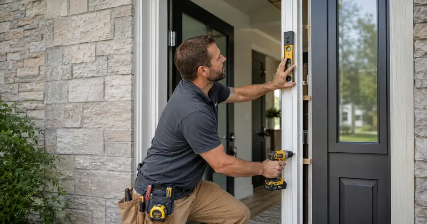 technician installing a new exterior door frame in Richmond Hill
