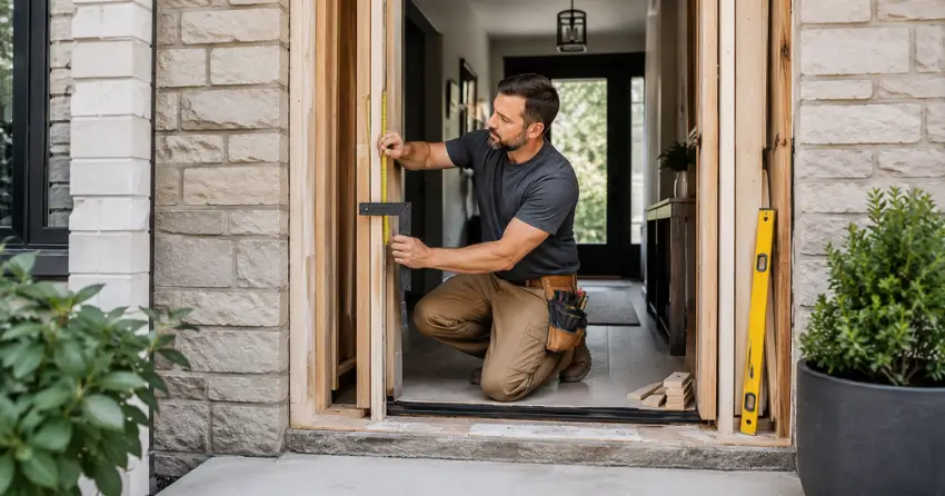 exterior door installer assessing rough opening in Jefferson, Richmond Hill