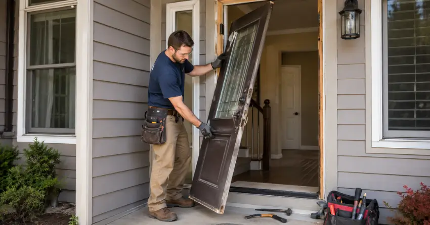old exterior door being removed for replacement in Richmond Hill