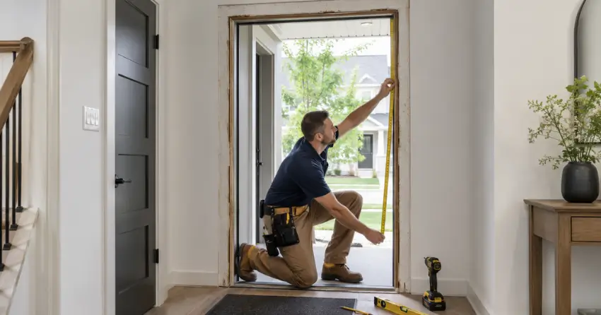 technician measuring a door frame before new door installation in Yongehurst, Richmond Hill
