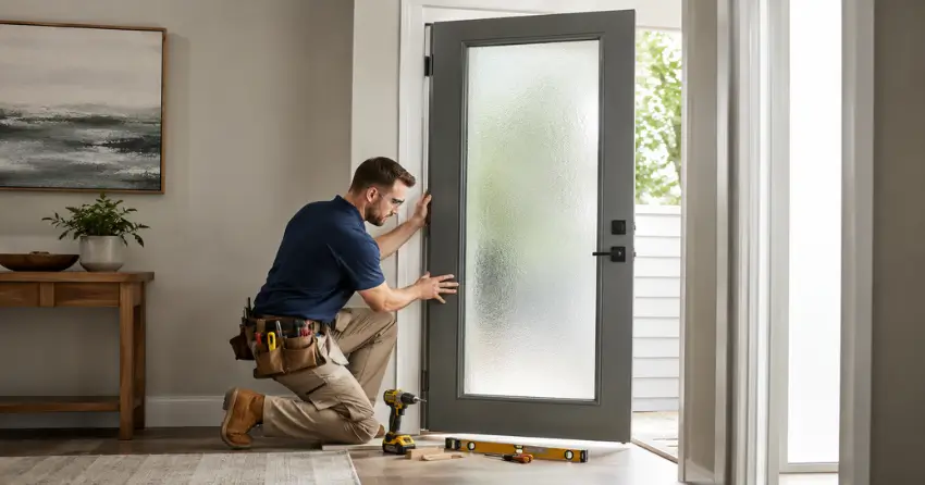 glass panel door installation with frosted privacy glass in residential setting in Richmond Hill