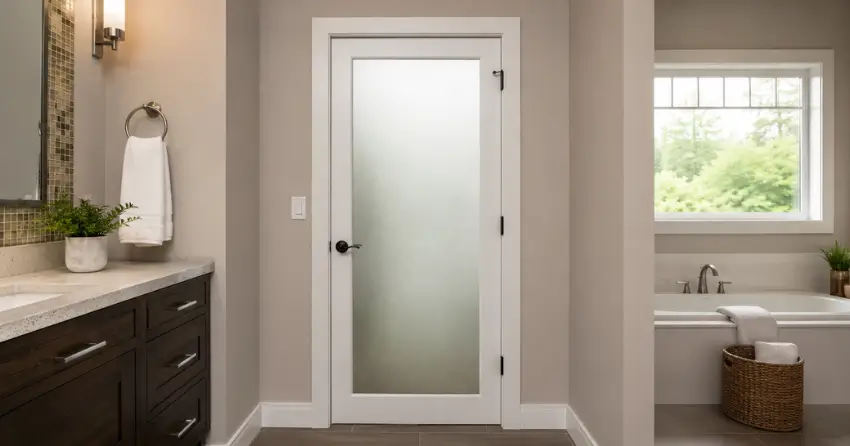 frosted glass panel bathroom door installed in a Tower Hill, Richmond Hill home