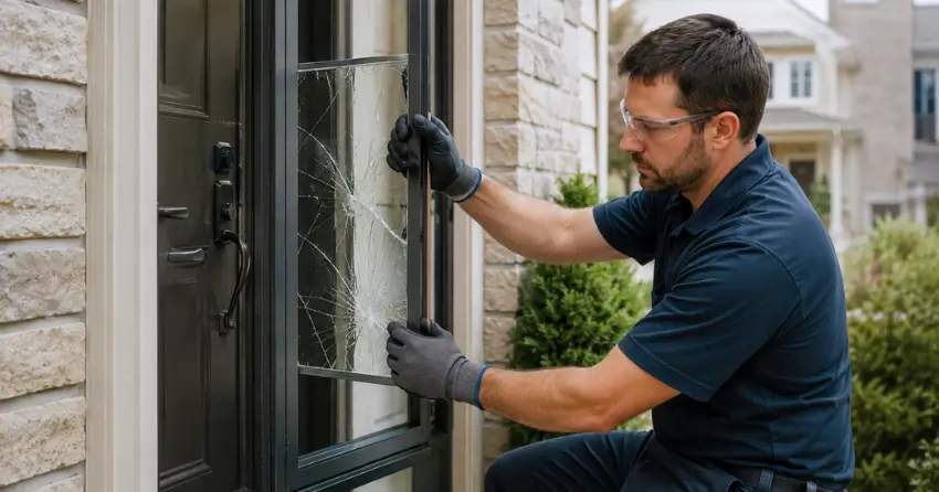 technician removing cracked storm door glass panel in Windham, Richmond Hill