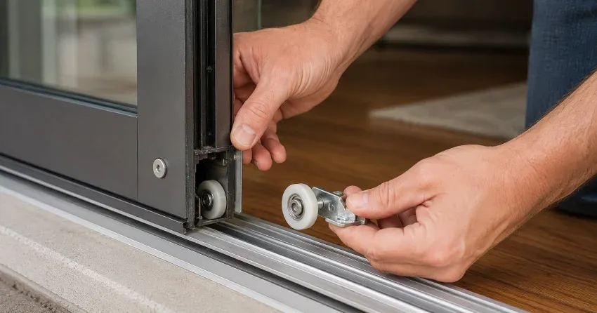 sliding door alignment Devonsleigh, Richmond Hill technician adjusting roller track