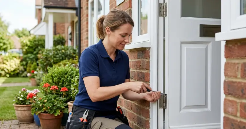 technician repairing exterior door hinge and frame in Langstaff, Richmond Hill