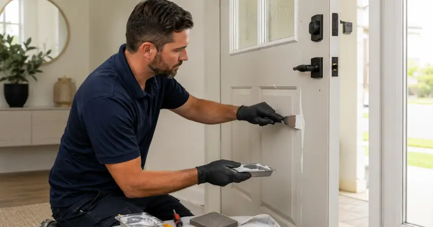 technician repairing fiberglass door surface crack in Headford, Richmond Hill