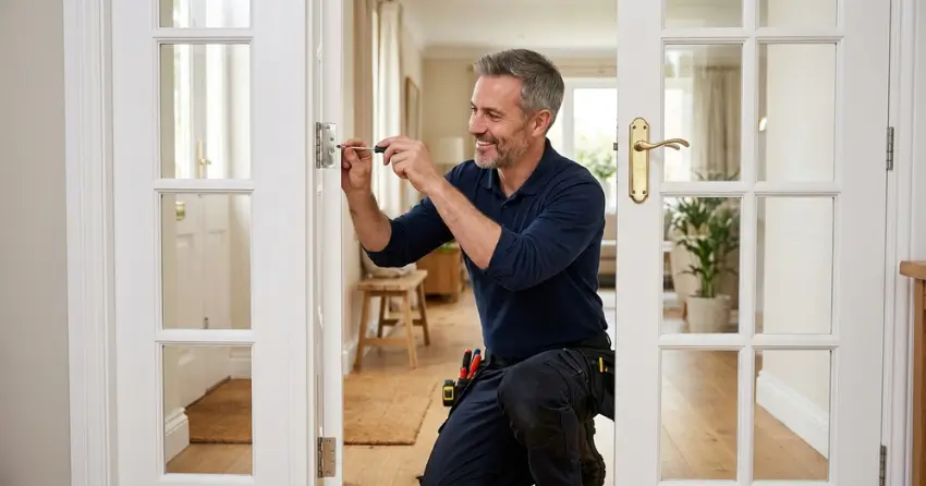 technician adjusting French door hinge for proper alignment in Westbrook, Richmond Hill