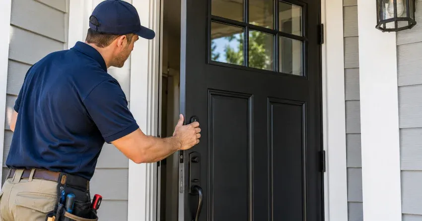 technician adjusting door hinge and strike plate in Devonsleigh, Richmond Hill home