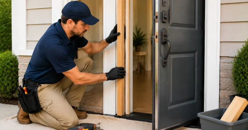 technician inspecting damaged door frame corner in Langstaff, Richmond Hill