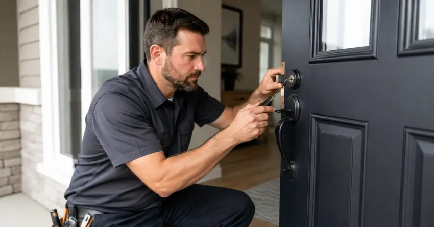 licensed locksmith technician working on residential deadbolt in Richmond Hill